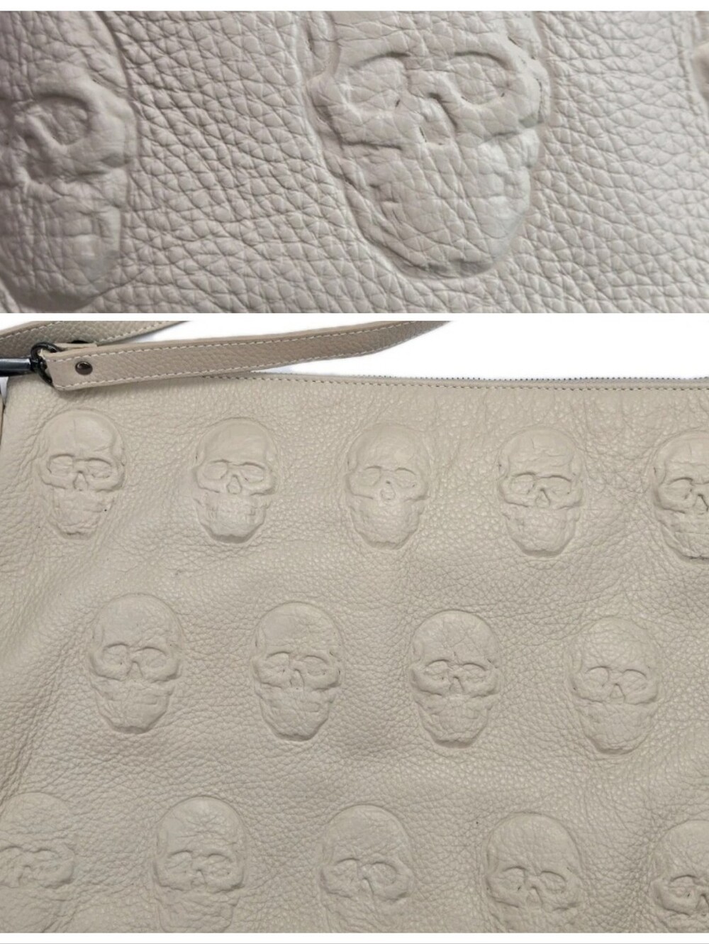 IO Pelle Leather Skull Crossbody Handbag Embossed 3D Cream Beige NEW Goth Punk